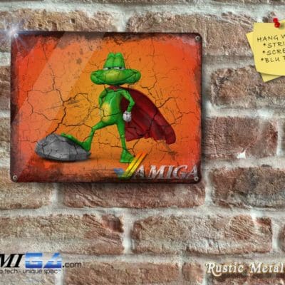 3D Rendered SUPERFROG posing with a Rock. Complete with  AMIGA Logo - Metal Sign