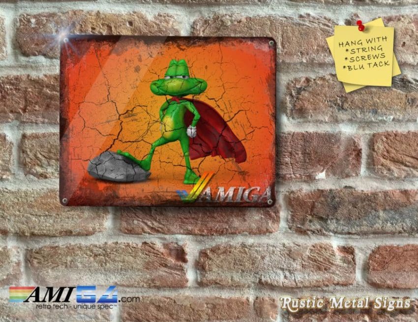 3D Rendered SUPERFROG posing with a Rock. Complete with  AMIGA Logo - Metal Sign
