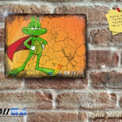 Crusty looking SUPERFROG posing. Complete with  AMIGA Logo. Super - Metal Sign