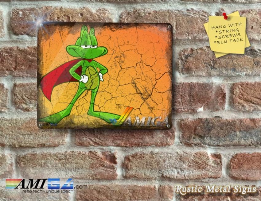 Crusty looking SUPERFROG posing. Complete with  AMIGA Logo. Super - Metal Sign