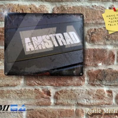 Close up photo of AMSTRAD Logo printed - Rustic - Metal Sign