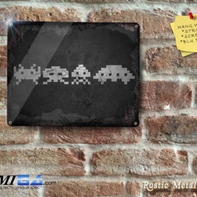 Rustic Space Invaders Icons on- Retro - Metal Sign