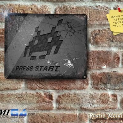 PRESS START with a neat Space Invader on Grey - Metal Sign