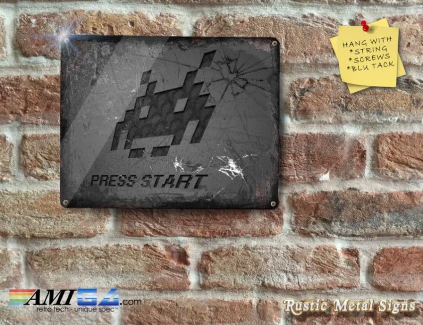 PRESS START with a neat Space Invader on Grey - Metal Sign