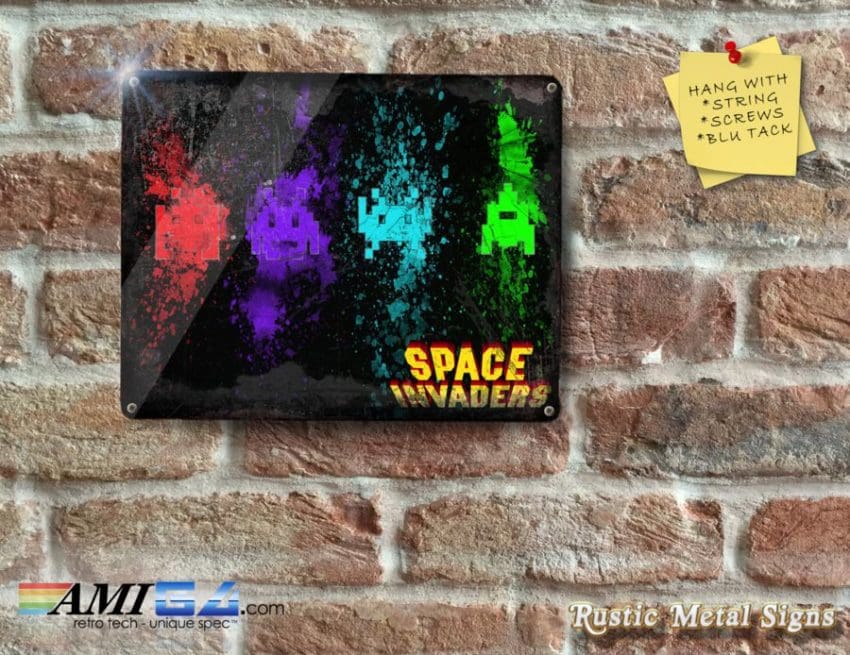 4 Colourful Space Invaders on - Metal Sign