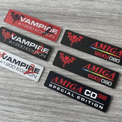 Amiga Vampire and CD32 badges 0.5mm thick