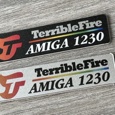Amiga 1230 'TerribleFire' badges 0.5mm thick